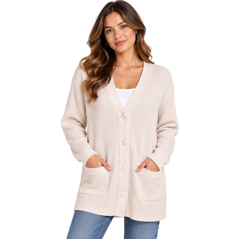 Liz Baker Womens Ribbed Longline Cardigan Sweater Cream White Size Medium